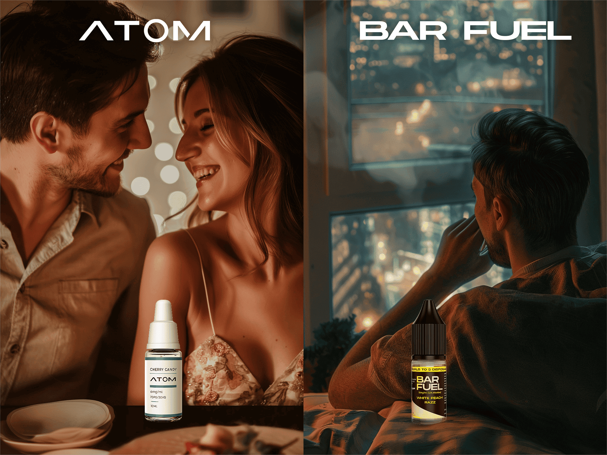 This is a splice of two images, on the left is a couple of lovers having a good time surrounded by Atom's e-liquid, on the right is a man relaxing at night surrounded by Bar Fuel's e-liquid.