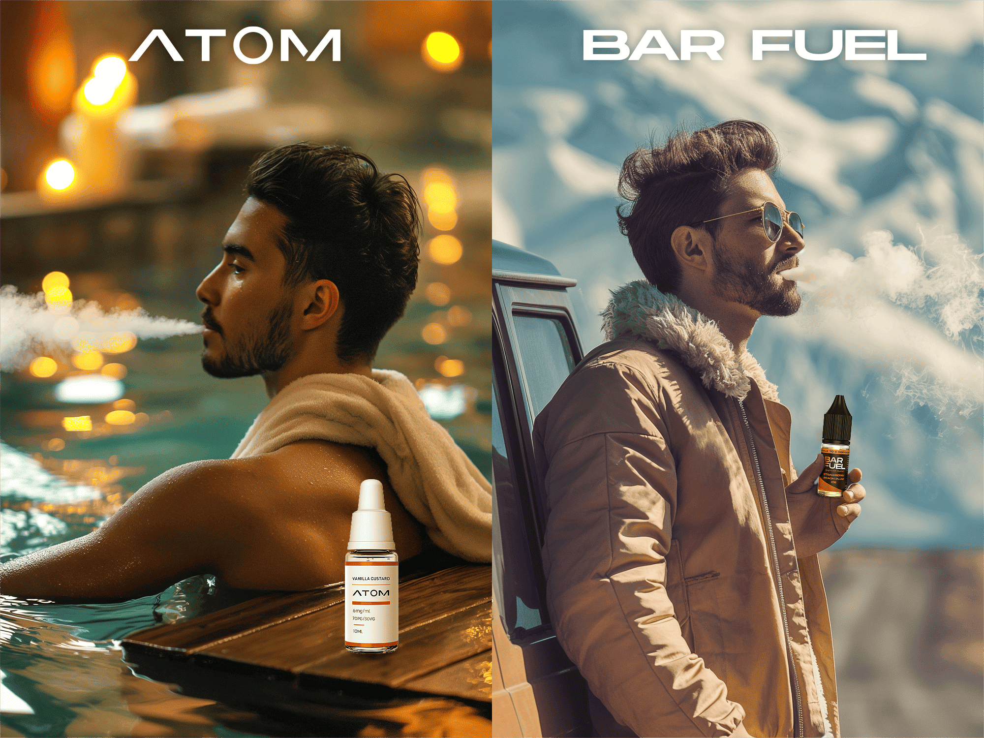 This is a splice of two images, on the left is a man at a spa with an Atom e-liquid by his side, and on the right is a man traveling with a Bar Fuel e-liquid in his hand.