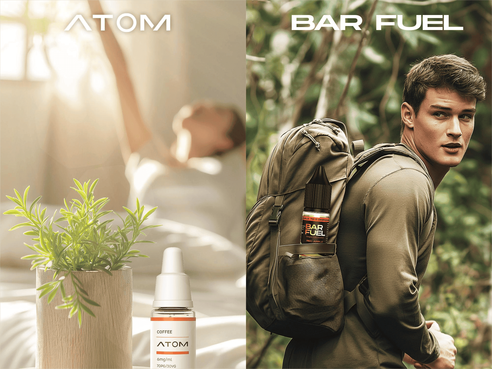 This is a splice of two images, on the left is a woman waking up early to stretch with Atom's e-liquid by her side, and on the right is a man in the great outdoors with Bar Fuel's e-liquid in his backpack.