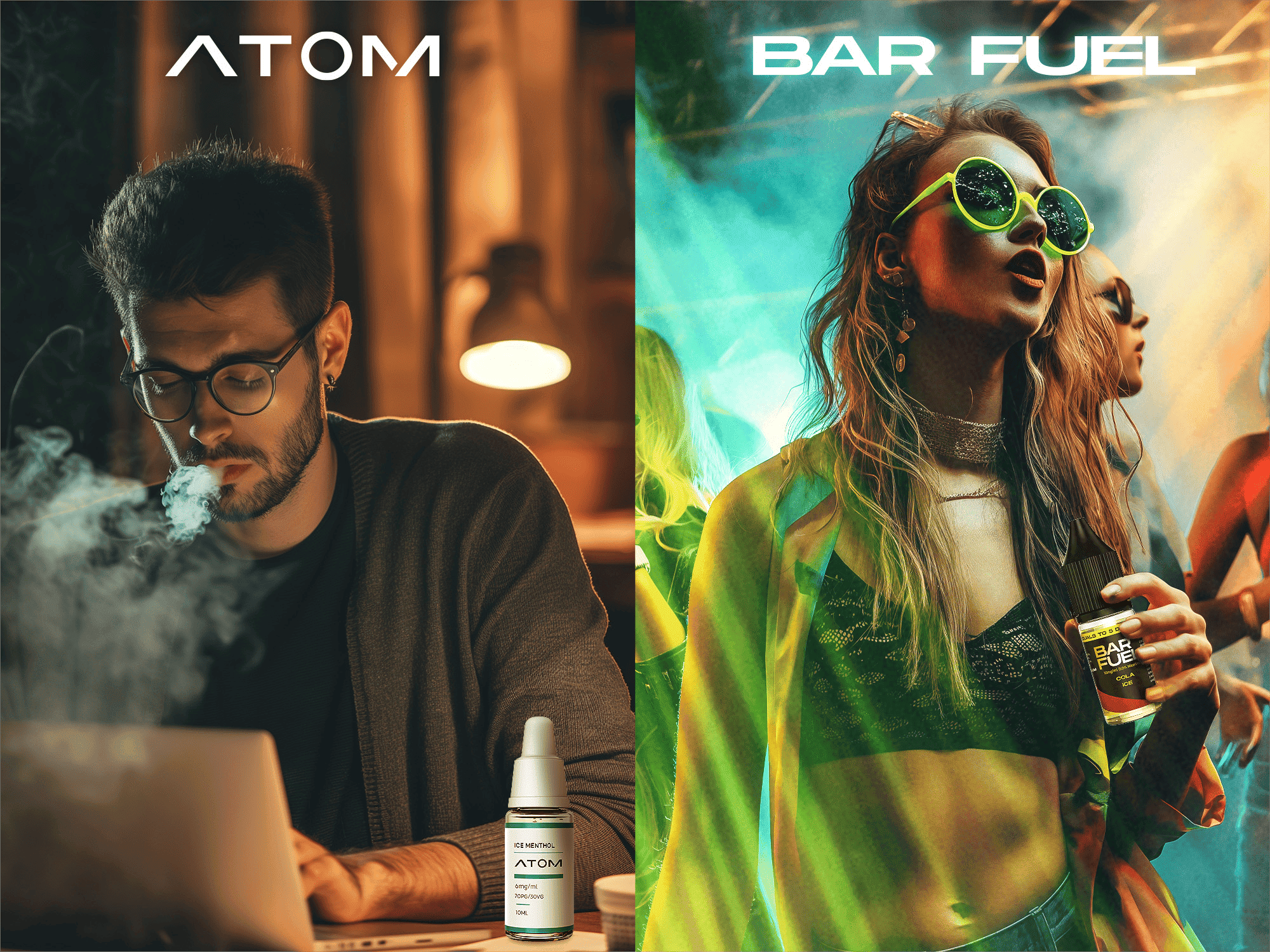 This is a splice of two images, on the left is a man studying with Atom's e-liquid by his side, and on the right is a woman at a music festival with Bar Fuel's e-liquid in her hand.