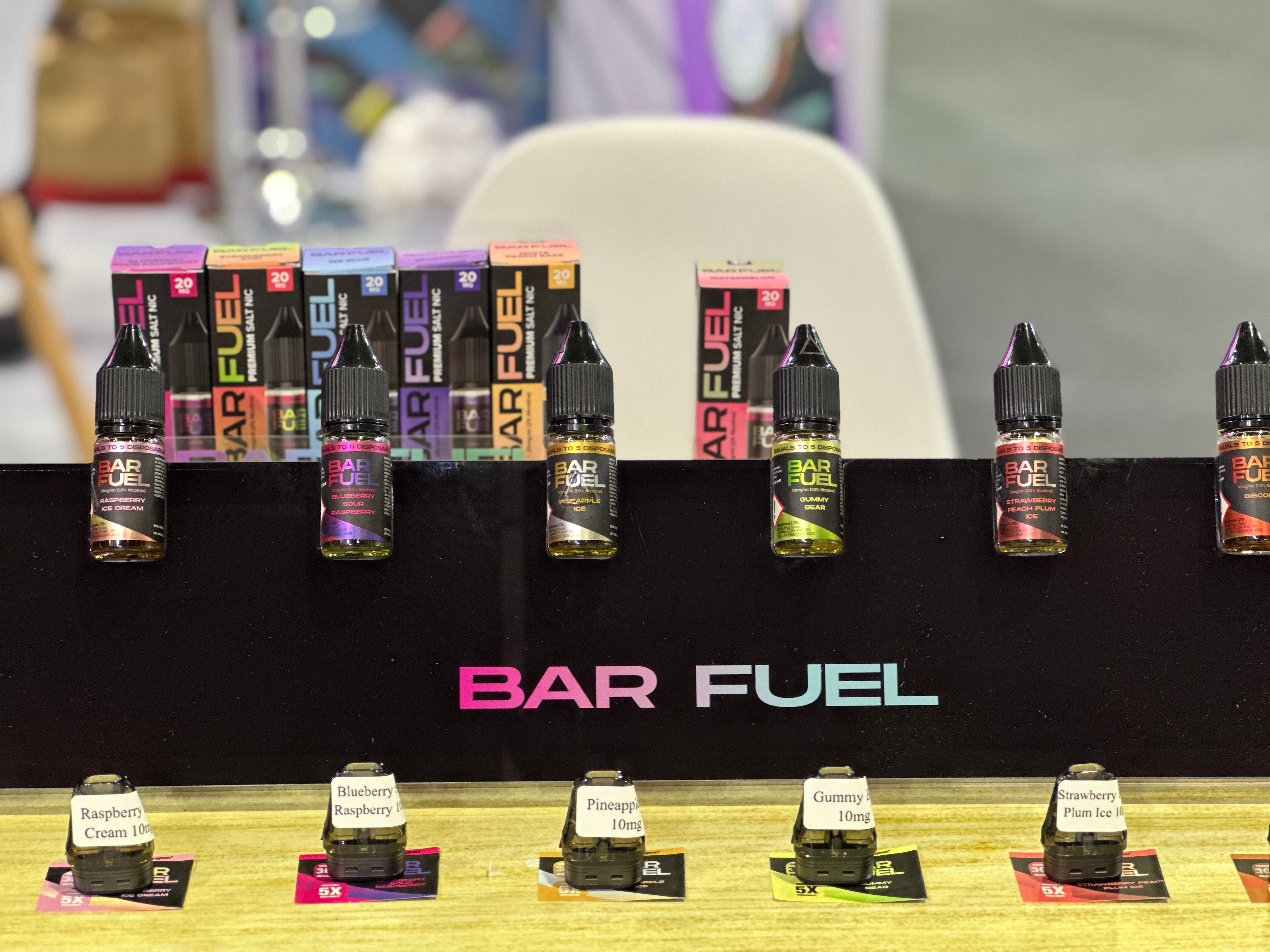 Here's a picture of hangsen's Barfuel line of e-liquid flavors on display at the World vape show.