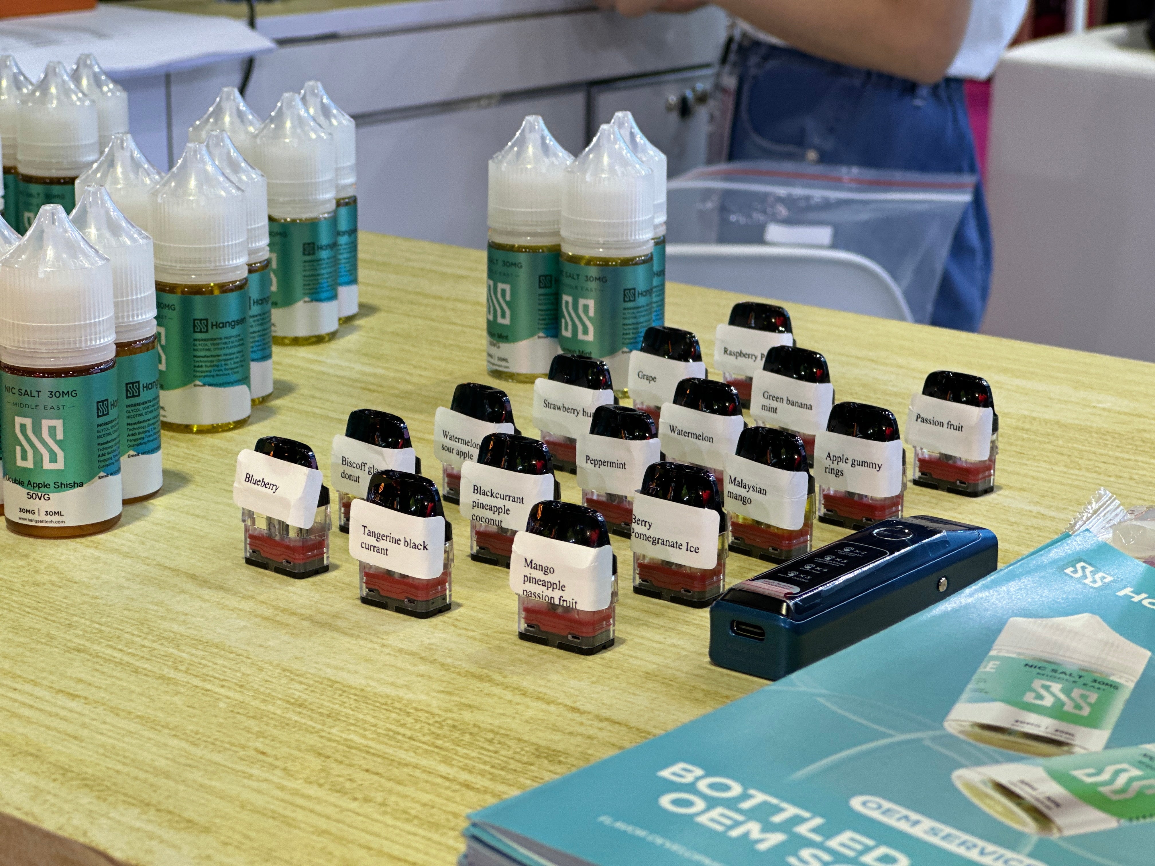 Here's a picture of hangsen's e-liquid flavors on display at the World vape show.